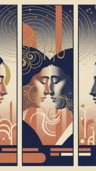 A stylized art-deco triptych of serene human faces in profile among geometric suns, clouds, and ornament, in muted blues and terracotta, a sample visual output from the YouTube series.